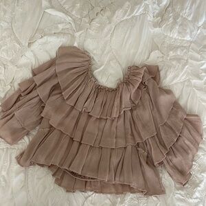 Rosebullet. Frilly whimsical blush pink off or on shoulder. Size 8 but fits XS-M